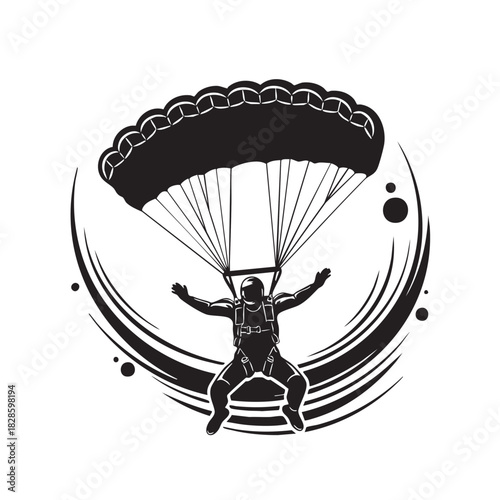 Black and white Skydiver falling with parachute open vector graphic design