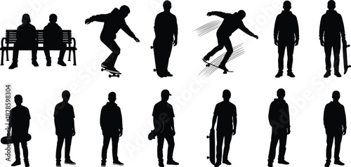Black silhouettes of people skateboarding and sitting on a bench woman
