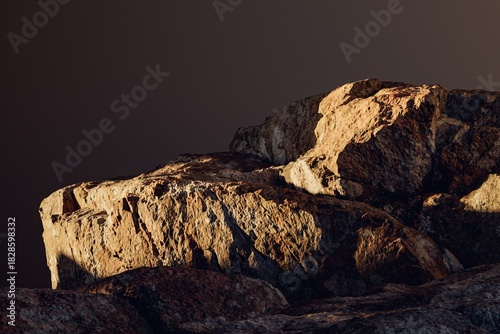 3d presentation pedestal or dais made of rock illuminated by sunlight. 3d rendering of mockup of presentation podium for display or advertising purposes