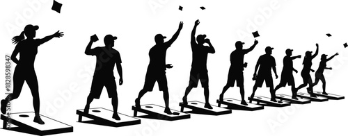 Black silhouettes of people playing cornhole game with bean bags flying bean bag toss