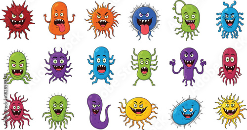 Collection of cartoon bacteria and viruses with various expressions and colors germ