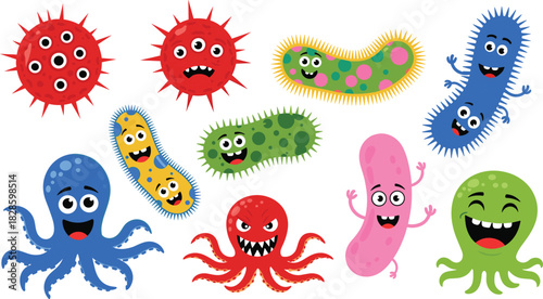 Collection of cartoon microbes and octopuses with happy and angry expressions bacteria