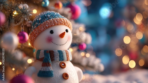 Cute snowman with knitted hat and scarf near Christmas tree