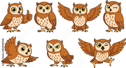 Collection of cartoon owls with different expressions and poses illustration bird