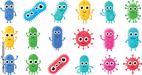 Collection of cute cartoon bacteria and viruses with happy and sad expressions germ