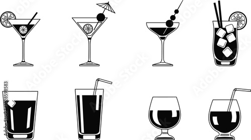Collection of eight black and white vector illustrations of various alcoholic and non-alcoholic drinks