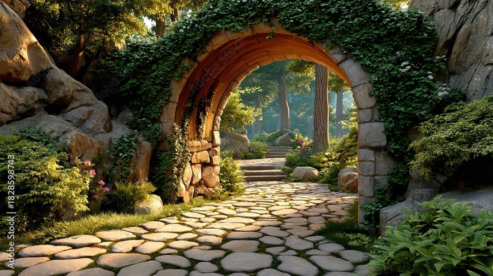 Fototapeta premium Hidden Pathway: A stone archway, adorned with lush greenery, beckons the viewer to explore a sun-dappled pathway that winds through a verdant garden landscape.