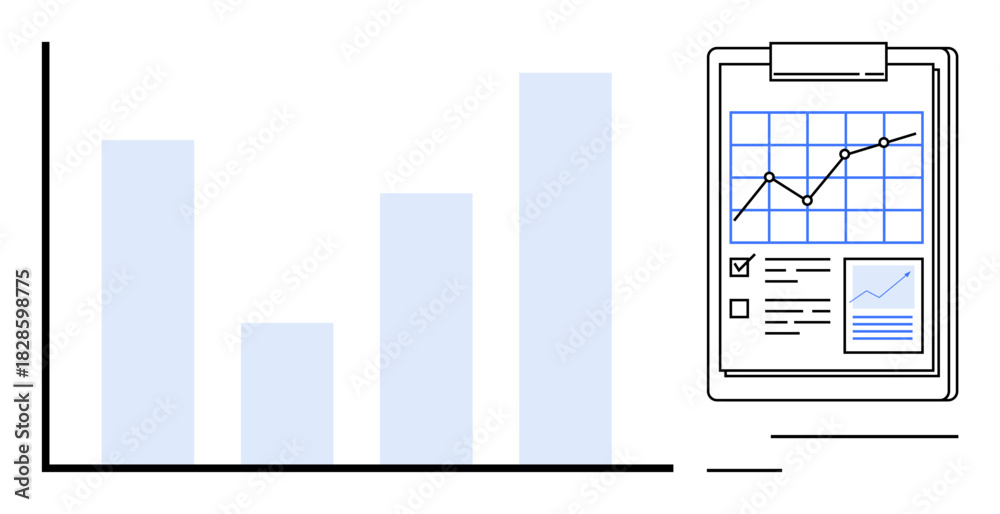 Obraz premium Bar chart with increasing data bars and grid clipboard featuring growing trend line and checklist. Ideal for statistics, progress tracking, analytics, performance review, planning, business growth