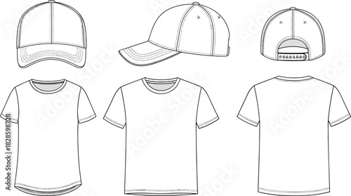 Flat lay technical drawing of baseball cap and t-shirt front back side views clothing