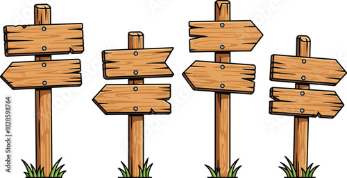 Four wooden signposts with directional arrows and grass at the base directional sign