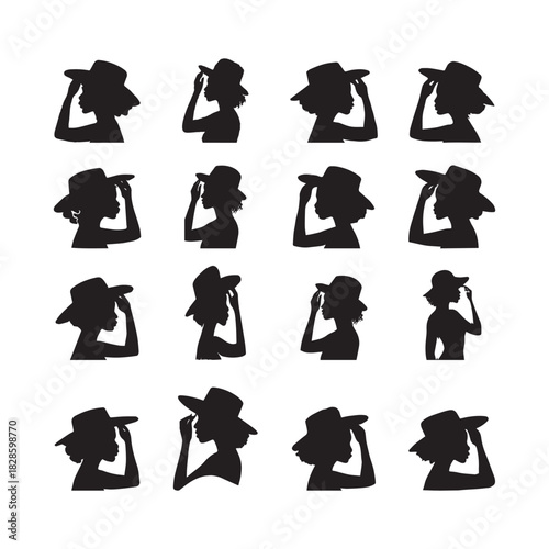 Silhouette expressions of wide-brimmed hat gestures in motion across multiple character design angles