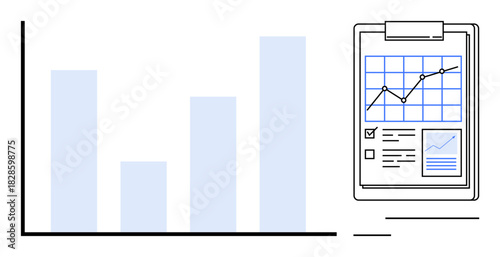 Bar chart with increasing data bars and grid clipboard featuring growing trend line and checklist. Ideal for statistics, progress tracking, analytics, performance review, planning, business growth