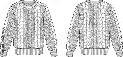 Front and back view line art of a cable knit sweater with ribbed cuffs and neckline