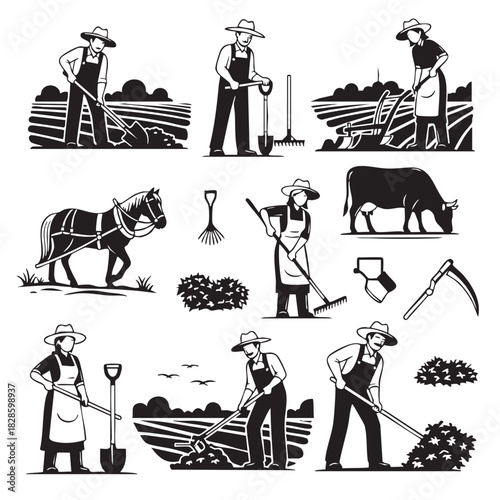 Farmers working in the fields with a horse in monochrome style vector illustration