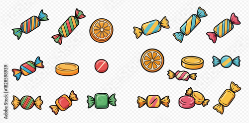 A collection of colorful cartoon candies and sweets, including wrapped and unwrapped designs.