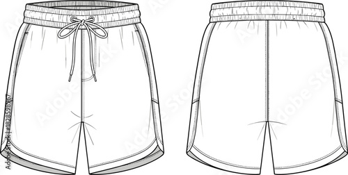Front and back view technical drawing of white athletic shorts with drawstring sports shorts