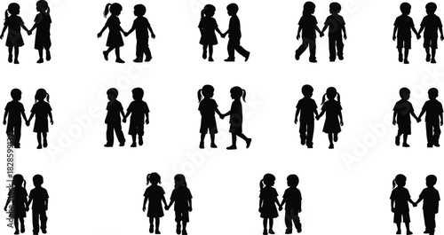 Multiple black silhouettes of children holding hands and walking white background