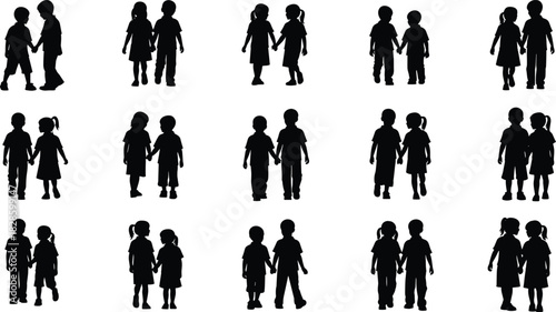 Multiple black silhouettes of children holding hands walking and standing black and white