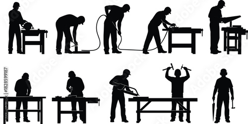 Silhouettes of carpenters working with tools on workbenches vector