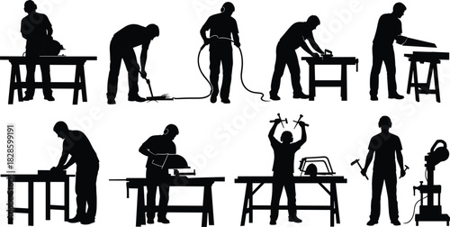 Silhouettes of carpenters working with various tools and machinery woodworking construction