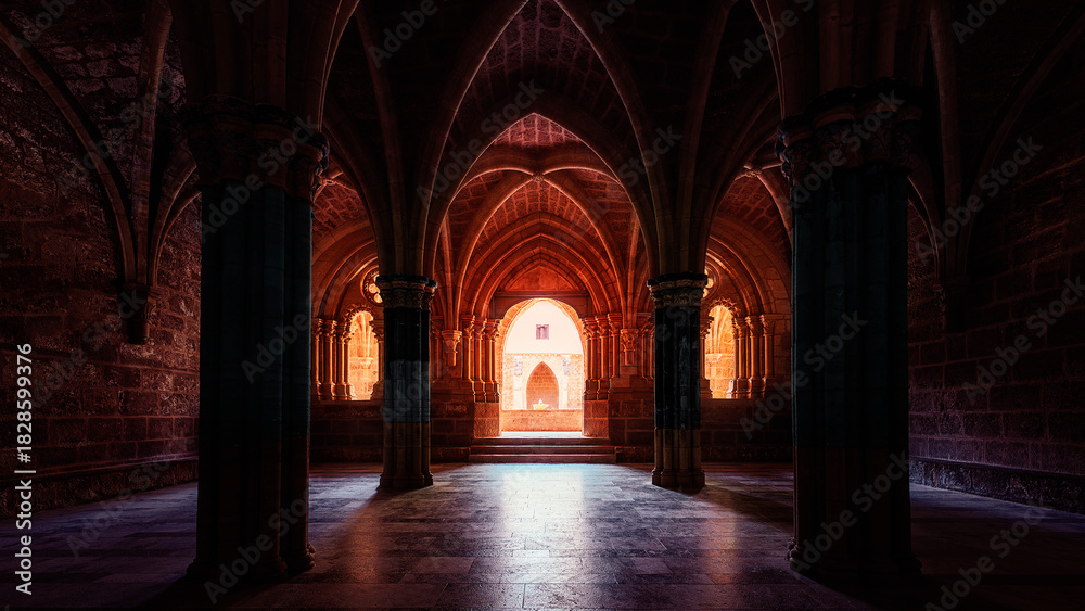Obraz premium Sala con vista al Patio. The walls of this 13th-century monastery hold eight centuries of history since its consecration in 1218.Within its walls, visitors can admire the principal characteristics o