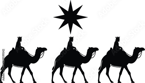 Three wise men on camels silhouette following a star vector