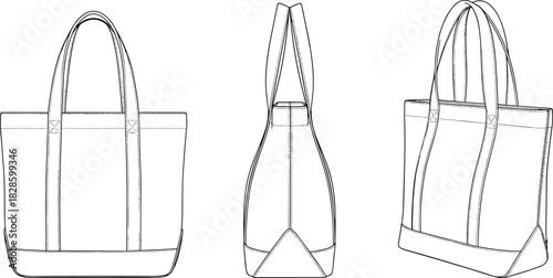 Three views of a black and white line drawing of a tote bag handbag accessory