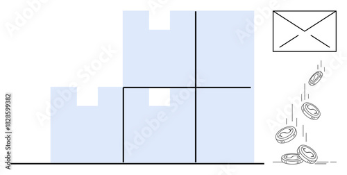 Stacked boxes beside an envelope releasing coins, representing order processing, profit, and logistics. Ideal for e-commerce, logistics, shipment, business success, warehouse management