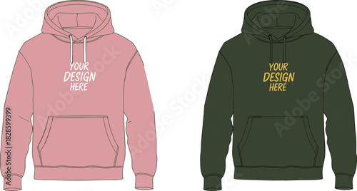 Two blank hooded sweatshirts one pink one dark green with text placeholders hoodie