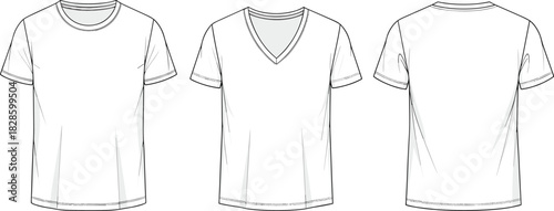 White t shirt flat sketch front view round neck and v neck and back view t-shirt