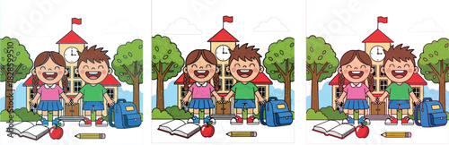 School kids illustration, back to school scene, educational cartoon design, spot the difference puzzle, classroom supplies vector, learning concept art