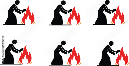Silhouette figure with flame, ritual symbolism, spiritual reading illustration, traditional garment art, cultural icon design, religious vector graphic