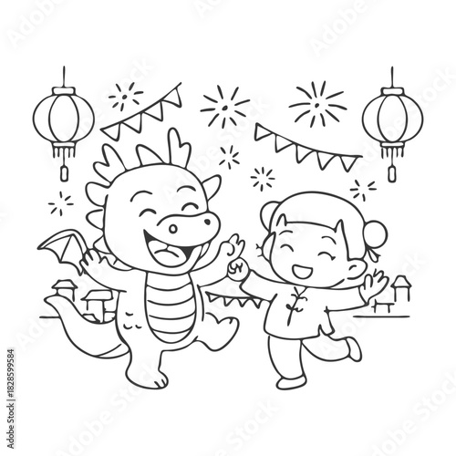 Cute dancing dragon with a little girl in a festive Chinese celebration scene, designed as a simple, bold-outline coloring page for kids