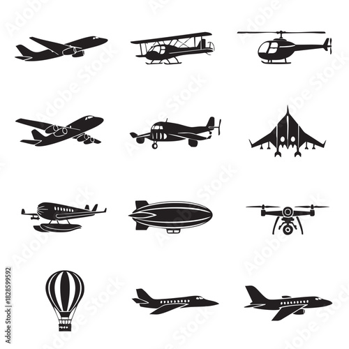 Silhouettes of different types of aircraft and air transport icons