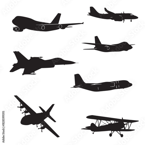 Airplane silhouettes in various shapes creating a graphic black pattern