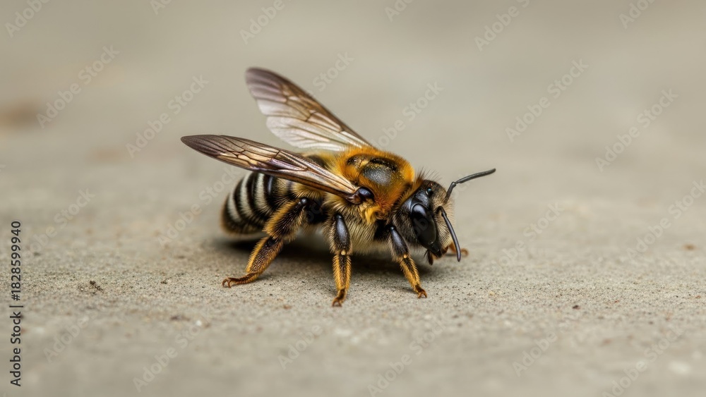 Obraz premium A bee with wings spread on a concrete surface.
