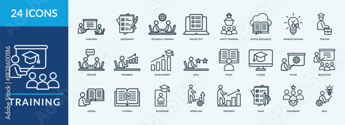Training icon set. Containing coaching, assessment, mentor, problem solving and more. Outline vector icons collection