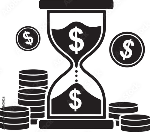 Financial concept vector illustration showing large hourglass with dollar signs and stacks of american coins on transparent background