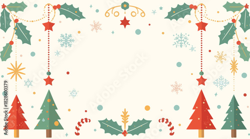 Vector illustration of a Christmas element in a flat design style, featuring a mix of vibrant colors such as red, green, and gold, with bold lines 