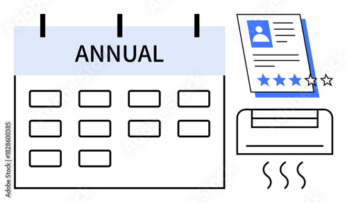Annual calendar grid with a printed review document featuring a rating system. Ideal for planning, performance review, evaluation, document management, workflow, productivity, goal setting, simple