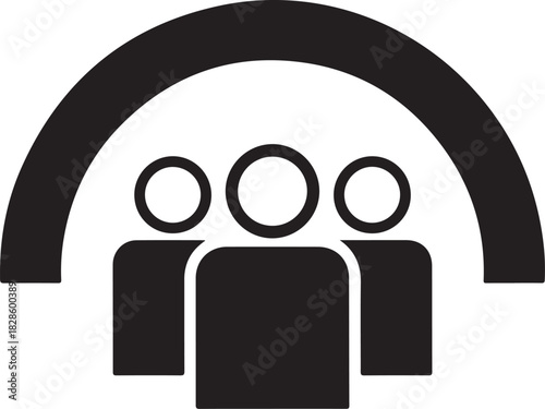 Group of three people under an arched structure symbolizing community shelter social protection and unified support network