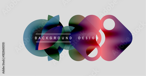 Abstract colorful shapes overlap. Modern design elements create dynamic visual impact. Background features gradients, curves, text.