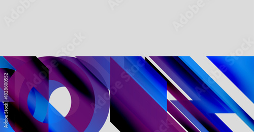 Abstract geometric shapes, vibrant blues, purples create dynamic composition. Modern design, sleek lines, digital art impression.