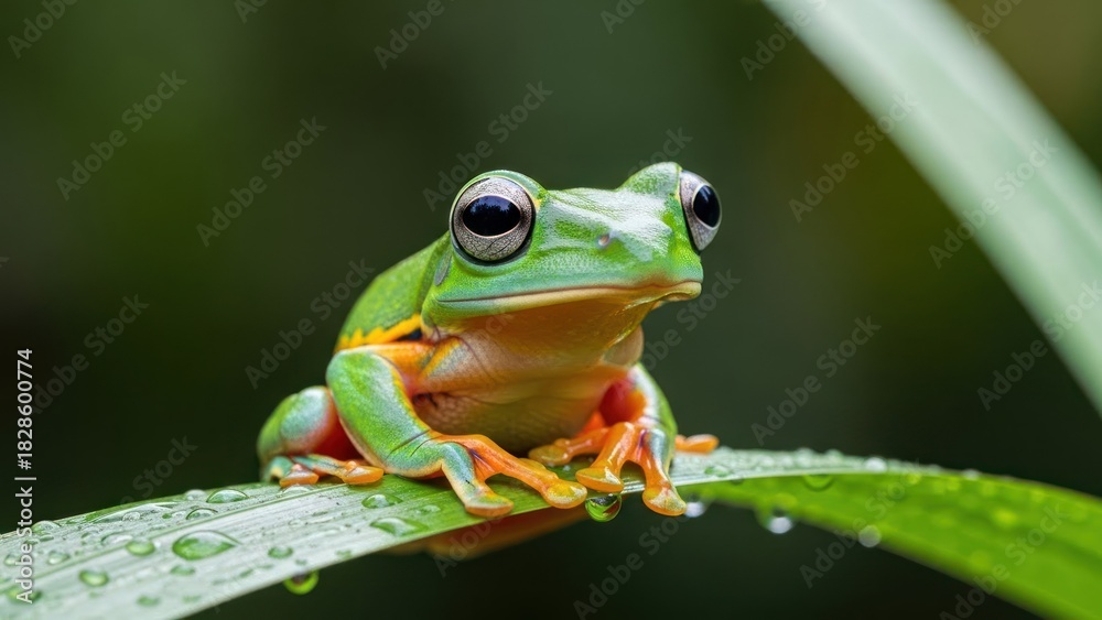 Obraz premium A green frog with large black eyes perched on a leaf with water droplets.