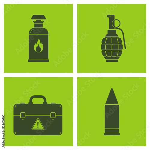 A set of four dark grey icons on a green background depicting dangerous items: a gas cylinder, a grenade, a hazardous briefcase, and a bullet.