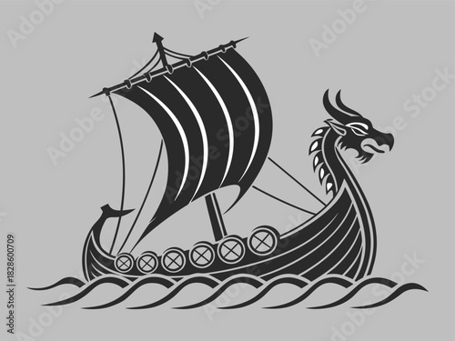 Black and white Viking ship with dragon head and iconic sail navigating the stormy seas