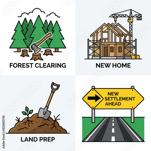 Four panels illustrating the process of land development from forest clearing and land preparation to new home construction and settlement.