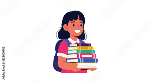 A cheerful student carrying a large stack of colorful books, showing excitement for learning and education.