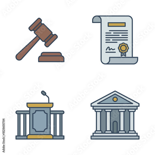 A collection of four flat design icons representing legal and judicial concepts, including a gavel, a scroll, a podium, and a courthouse.