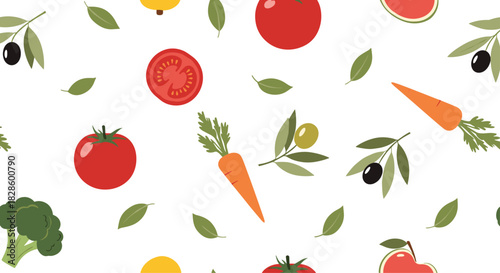 A colorful pattern of fresh fruits, vegetables, and herbs scattered on a white background, representing healthy eating and organic produce.